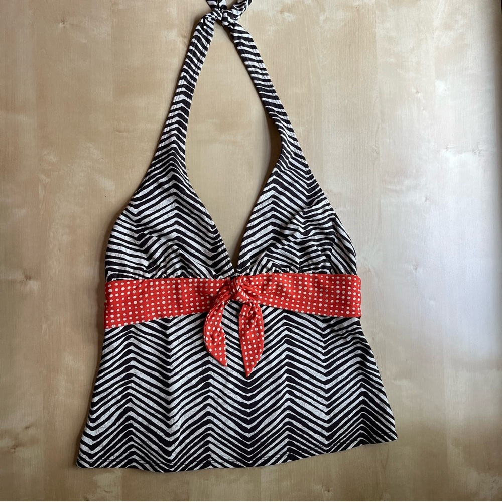 La Blanca Brown and Cream Halter Top with coral Accents